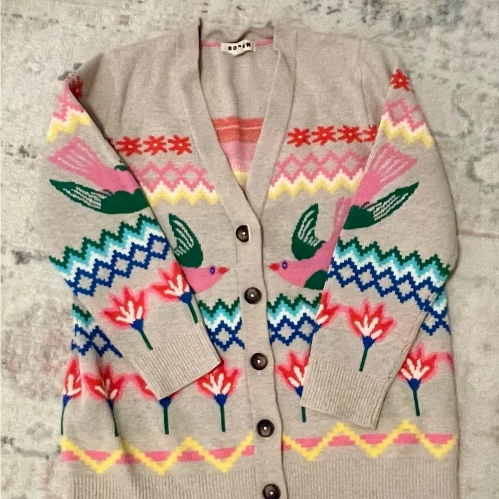 Boden Multicolor Bird Pattern Cardigan - Picture 2 of 6